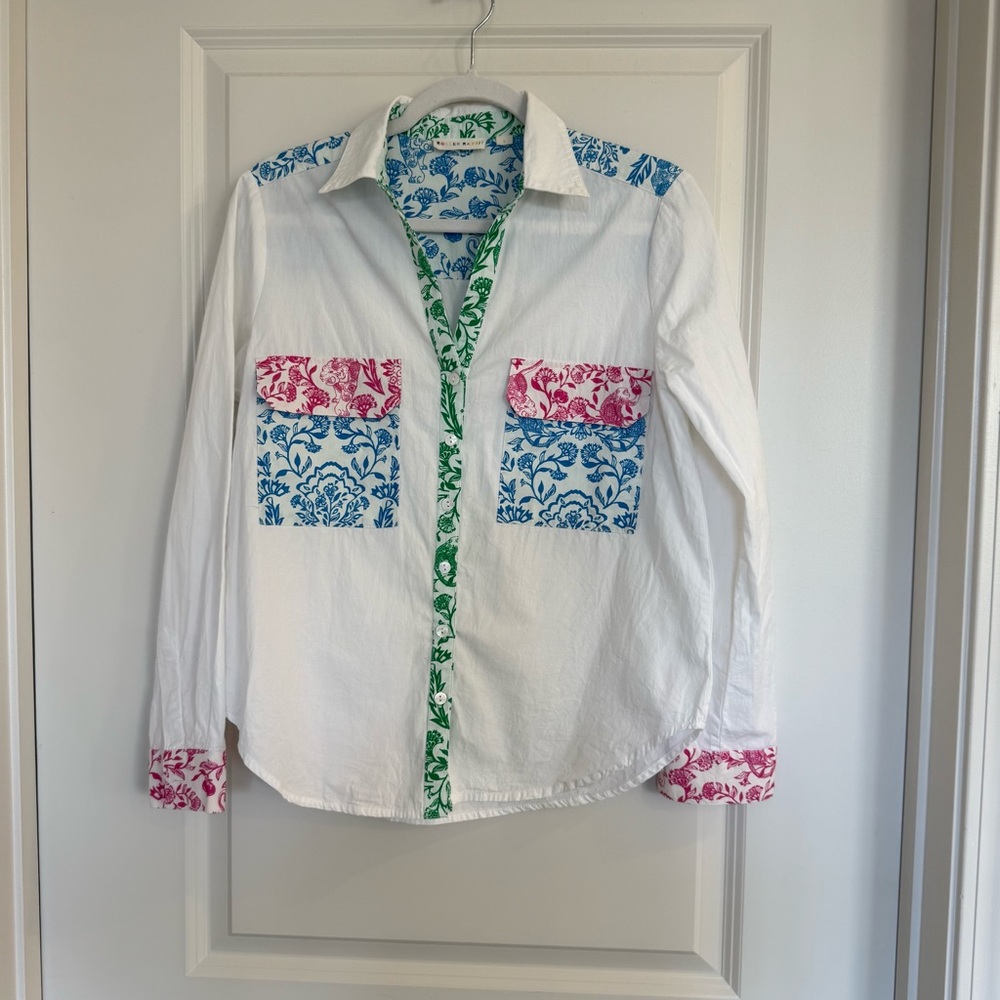 Roller Rabbit White Cotton Shirt with Blue/Green/Pink Floral Design